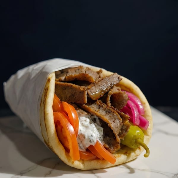 A gyro with sliced meat, tomatoes, pickled onions, tzatziki sauce, and a pepper.