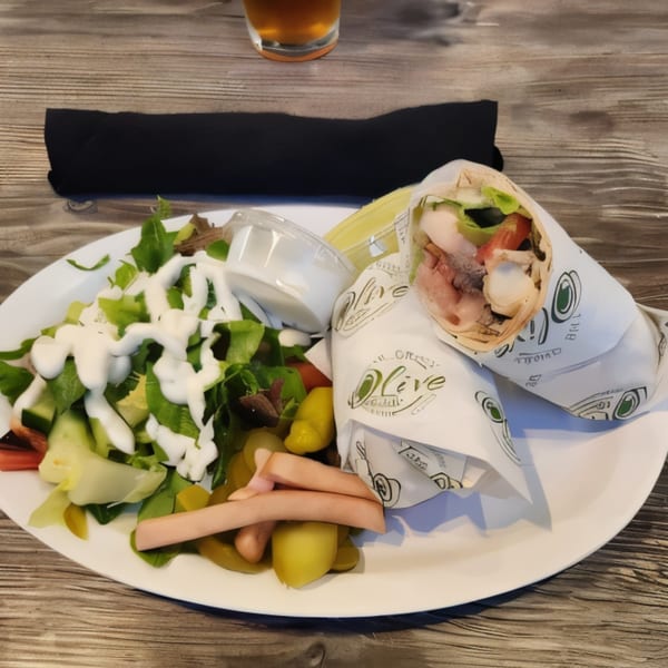 A chicken shawarma wrap, side salad with dressing, and pickled vegetables on a white plate.