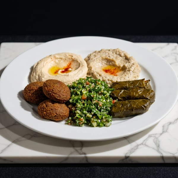 A white plate with falafel, tabbouleh, stuffed grape leaves, hummus, and baba ghanoush.