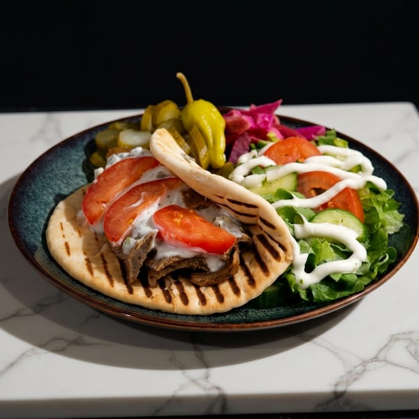 Gyro with sliced meat, tomatoes, and white sauce in pita bread, served with salad and pickles.