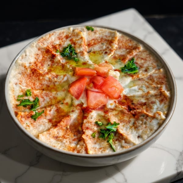 Creamy hummus topped with paprika, olive oil, diced tomatoes, and fresh parsley in a bowl.