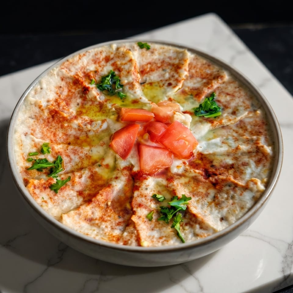 Creamy hummus topped with paprika, olive oil, diced tomatoes, and fresh parsley in a bowl.