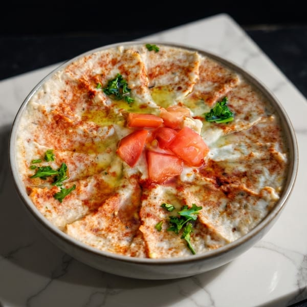 A bowl of creamy hummus, drizzled with olive oil, topped with diced tomatoes and parsley.