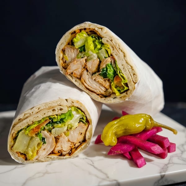 Two chicken shawarma wraps with lettuce, served with pickled turnips and a yellow pepper.