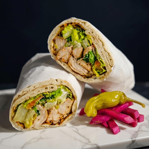 Two chicken shawarma wraps with lettuce, served with pickled turnips and a yellow pepper.