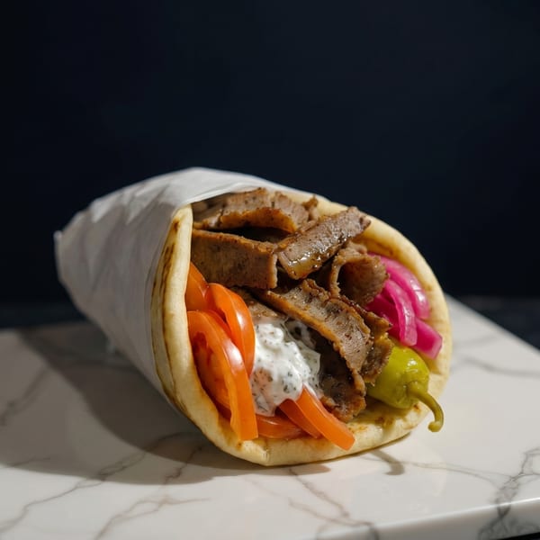 A gyro with meat, tomatoes, tzatziki, pickled onions, and a pepper on a marble surface.