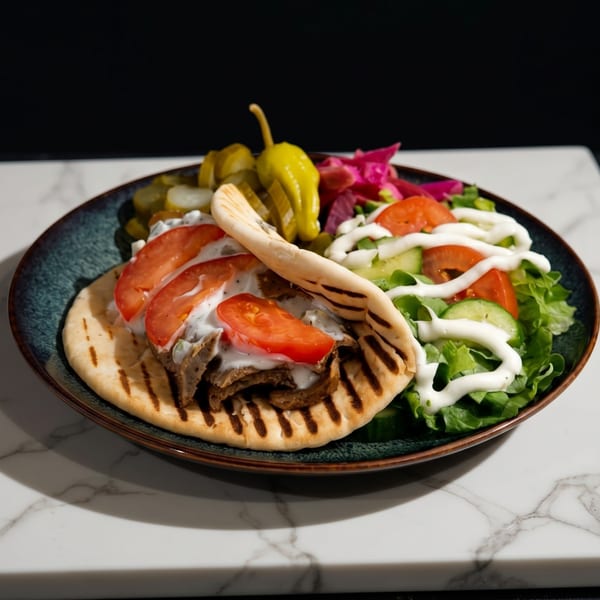 A gyro with meat, tomatoes, and white sauce, served with a side salad and pickles.