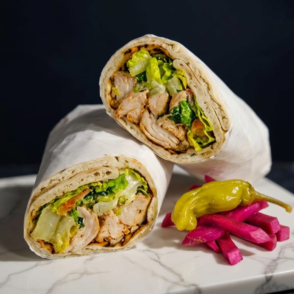 Two chicken shawarma wraps with lettuce, served with pickled turnips and a yellow pepper.