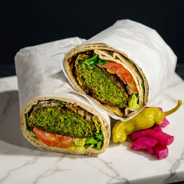 Two falafel wraps, cut in half, with lettuce, tomato, and pickled vegetables on a marble surface.