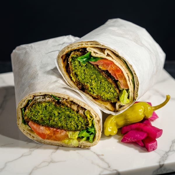 Two falafel wraps, cut in half, with lettuce, tomato, and pickled vegetables on a marble surface.