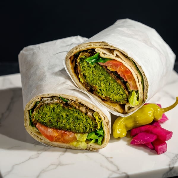 Two falafel wraps, cut in half, revealing green falafel, lettuce, and tomatoes, with pickles.