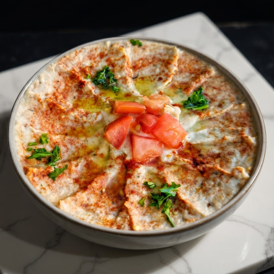 A bowl of creamy hummus, topped with diced tomatoes, parsley, olive oil, and paprika.