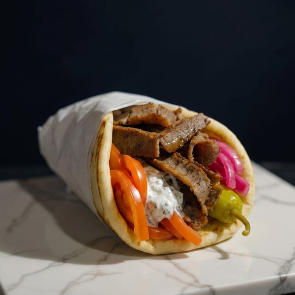 A gyro with meat, tomatoes, pickled onions, tzatziki sauce, and a pepper on a marble surface.