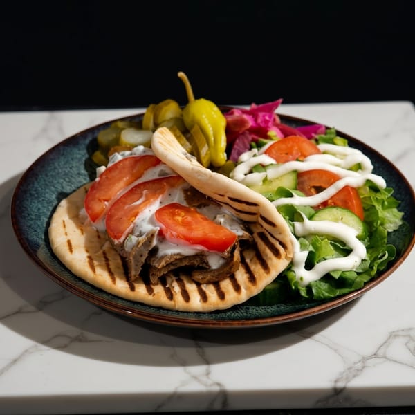 Gyro sandwich with sliced tomatoes, tzatziki sauce, and a side salad with pickles and peppers.