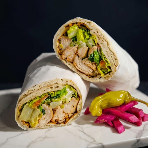 Two chicken shawarma wraps with lettuce, served with pickled turnips and a yellow pepper.