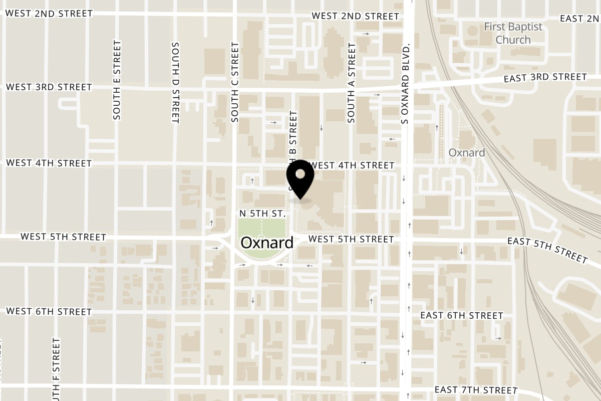 Map showing the location of The Green Olive Downtown Oxnard on 450 S B St in Oxnard