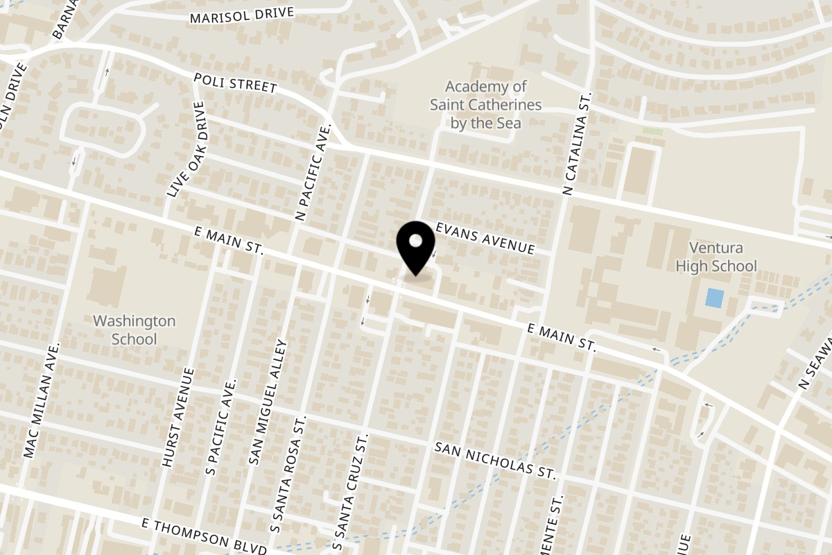 Map showing the location of The Green Olive Ventura on 1947 E Main St in Ventura